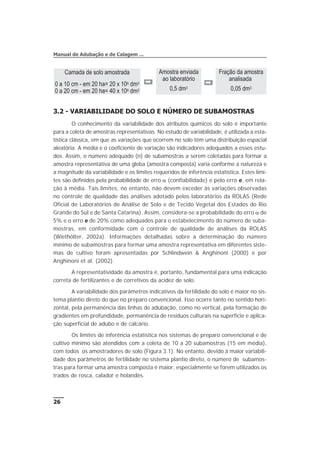 3.2 - VARIABILIDADE DO SOLO E NÚMERO DE SUBAMOSTRAS
O conhecimento da variabilidade dos atributos químicos do solo é importante
para a coleta de amostras representativas. No estudo de variabilidade, é utilizada a esta-
tística clássica, em que as variações que ocorrem no solo têm uma distribuição espacial
aleatória. A média e o coeficiente de variação são indicadores adequados a esses estu-
dos. Assim, o número adequado (n) de subamostras a serem coletadas para formar a
amostra representativa de uma gleba (amostra composta) varia conforme a natureza e
a magnitude da variabilidade e os limites requeridos de inferência estatística. Estes limi-
tes são definidos pela probabilidade de erro a (confiabilidade) e pelo erro e, em rela-
ção à média. Tais limites, no entanto, não devem exceder às variações observadas
no controle de qualidade das análises adotado pelos laboratórios da ROLAS (Rede
Oficial de Laboratórios de Análise de Solo e de Tecido Vegetal dos Estados do Rio
Grande do Sul e de Santa Catarina). Assim, considera-se a probabilidade do erro a de
5% e o erro e de 20% como adequados para o estabelecimento do número de suba-
mostras, em conformidade com o controle de qualidade de análises da ROLAS
(Wiethölter, 2002a). Informações detalhadas sobre a determinação do número
mínimo de subamostras para formar uma amostra representativa em diferentes siste-
mas de cultivo foram apresentadas por Schlindwein & Anghinoni (2000) e por
Anghinoni et al. (2002).
A representatividade da amostra é, portanto, fundamental para uma indicação
correta de fertilizantes e de corretivos da acidez de solo.
A variabilidade dos parâmetros indicativos da fertilidade do solo é maior no sis-
tema plantio direto do que no preparo convencional. Isso ocorre tanto no sentido hori-
zontal, pela permanência das linhas de adubação, como no vertical, pela formação de
gradientes em profundidade, permanência de resíduos culturais na superfície e aplica-
ção superficial de adubo e de calcário.
Os limites de inferência estatística nos sistemas de preparo convencional e de
cultivo mínimo são atendidos com a coleta de 10 a 20 subamostras (15 em média),
com todos os amostradores de solo (Figura 3.1). No entanto, devido à maior variabili-
dade dos parâmetros de fertilidade no sistema plantio direto, o número de subamos-
tras para formar uma amostra composta é maior, especialmente se forem utilizados os
trados de rosca, calador e holandês.
26
Manual de Adubação e de Calagem ...
Camada de solo amostrada
0 a 10 cm - em 20 ha= 20 x 106 dm3
0 a 20 cm - em 20 ha= 40 x 106 dm3
Amostra enviada
ao laboratório
0,5 dm3
Fração da amostra
analisada
0,05 dm3
 