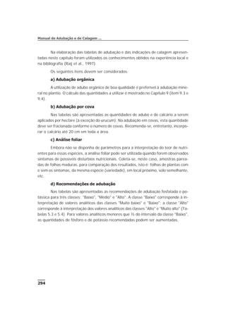 Na elaboração das tabelas de adubação e das indicações de calagem apresen-
tadas neste capítulo foram utilizados os conhecimentos obtidos na experiência local e
na bibliografia (Raij et al., 1997).
Os seguintes itens devem ser considerados:
a) Adubação orgânica
A utilização de adubo orgânico de boa qualidade é preferível à adubação mine-
ral no plantio. O cálculo das quantidades a utilizar é mostrado no Capítulo 9 (item 9.3 e
9.4).
b) Adubação por cova
Nas tabelas são apresentadas as quantidades de adubo e de calcário a serem
aplicados por hectare (à exceção do urucum). Na adubação em covas, esta quantidade
deve ser fracionada conforme o número de covas. Recomenda-se, entretanto, incorpo-
rar o calcário até 20 cm em toda a área.
c) Análise foliar
Embora não se disponha de parâmetros para a interpretação do teor de nutri-
entes para essas espécies, a análise foliar pode ser utilizada quando forem observados
sintomas de possíveis distúrbios nutricionais. Coleta-se, neste caso, amostras parea-
das de folhas maduras, para comparação dos resultados, isto é: folhas de plantas com
e sem os sintomas, da mesma espécie (variedade), em local próximo, solo semelhante,
etc.
d) Recomendações de adubação
Nas tabelas são apresentadas as recomendações de adubação fosfatada e po-
tássica para três classes: "Baixo", "Médio" e "Alto". A classe "Baixo" corresponde à in-
terpretação de valores analíticos das classes "Muito baixo" e "Baixo"; a classe "Alto"
corresponde à interpretação dos valores analíticos das classes "Alto" e "Muito alto" (Ta-
belas 5.3 e 5.4). Para valores analíticos menores que ½ do intervalo da classe "Baixo",
as quantidades de fósforo e de potássio recomendadas podem ser aumentadas.
294
Manual de Adubação e de Calagem ...
 