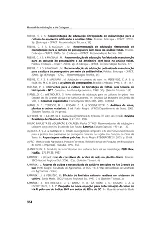 334
Manual de Adubação e de Calagem ...
FREIRE, C. J. S. Recomendação de adubação nitrogenada de manutenção para a
cultura da ameixeira utilizando a análise foliar. Pelotas: Embrapa – CPACT, 2001b.
3p. (Embrapa – CPACT. Recomendação Técnica, 39)
FREIRE, C. J. S. & MAGNANI , M. Recomendação de adubação nitrogenada de
manutenção para a cultura do pessegueiro com base na análise foliar. Pelotas:
Embrapa – CPACT, 2001a. 3p. (Embrapa – CPACT. Recomendação Técnica, 38).
FREIRE, C. J. S. & MAGNANI , M. Recomendação de adubação fosfatada de manutenção
para as culturas do pessegueiro e da ameixeira com base na análise foliar.
Pelotas: Embrapa – CPACT, 2001b. 2p. (Embrapa – CPACT. Recomendação Técnica, 37)
FREIRE, C. J. S. & MAGNANI , M. Recomendação de adubação potássica de manutenção
para a cultura do pessegueiro por meio da análise foliar. Pelotas: Embrapa – CPACT,
2001c. 3p. (Embrapa – CPACT. Recomendação Técnica, 35)
FREIRE, C. J. S. & MAGNANI , M. Adubação e correção do solo. In: MEDEIROS, C. A. B. &
RASEIRA, M. C. B. (Org.). A cultura do pessegueiro. Brasília: Embrapa, 1998, p. 161-187.
FURLANI, P. R. Instruções para o cultivo de hortaliças de folhas pela técnica de
hidroponia - NTF. Campinas: Instituto Agronômico, 1998. 30p. (Boletim Técnico, 168)
GIANELLO, C.; WIETHÖLTER, S. Novo sistema de adubação para as culturas de grãos nos
Estados do Rio Grande do Sul e de Santa Catarina. In: Reunião Sul-Brasileira de Ciência do
solo, 5. Resumos expandidos, Florianópolis:SBCS-NRS, 2004. CDROM
GIANELLO. C.; TEDESCO, M. J.; BISSANI, C. A. & SCOLMEISTER, D. Análises de solos,
plantas e outros materiais. 3 ed. Porto Alegre: UFRGS/Departamento de Solos, 2005.
(Boletim Técnico, 5) (no prelo).
GOEDERT, W. J. & LOBATO, E. Avaliação agronômica de fosfatos em solos de cerrado. Revista
Brasileira de Ciência do Solo, 8:97-102. 1984.
GRUPO PAULISTA DE ADUBAÇÃO E CALAGEM PARA CITROS. Recomendações de adubação e
calagem para citros no Estado de São Paulo. Laranja, Edição Especial, 1994. p. 1-27.
JACQUES, A. V. A. & NABINGER, C. Estudo da vegetação campestre e de alternativas sustentáveis
para a prática das queimadas de pastagens naturais na região dos Campos de Cima da
Serra. In: As pastagens nativas gaúchas. Porto Alegre: FEDERACITE XI, 2003. p. 55-84.
JAPÃO. Ministério da Agricultura, Pesca e Florestas. Relatório Anual de Pesquisa em Fruticultura
de Clima Temperado. Tsukuba, 1999. 64p.
JEANNEQUIN, B. Conduite de la fertilization des cultures hors sol en maraîchage. PHM Rev.
Hortic., 275:19-28, 1987.
KAMINSKI, J. (Coord.) Uso de corretivos da acidez do solo no plantio direto. Pelotas:
SBCS-Núcleo Regional Sul, 2000. 123p. (Boletim Técnico, 4)
KAMINSKI, J. Fatores de acidez e necessidade de calcário em solos no Rio Grande do
Sul. Porto Alegre: Faculdade de Agronomia, UFRGS. 1974. 96p. (Dissertação de Mestrado
em Agronomia - Solos)
KAMINSKI, J. & PERUZZO, G. Eficácia de fosfatos naturais reativos em sistemas de
cultivo. Santa Maria: SBCS/ Núcleo Regional Sul, 1997. 31p (Boletim Técnico, 3)
KAMINSKI, J.; RHEINHEIMER, D. S.; BARTZ, H. R.; GATIBONI, L. C.; BISSANI, C. A. &
ESCOSTEGUY, P. A. V. Proposta de nova equação para determinação do valor de
H+Al pelo uso do índice SMP em solos do RS e de SC. In: Reunião Anual da Rede
 
