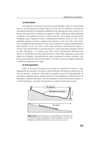 a) Declividade
Corresponde ao desnível do terreno em porcentagem. Pode ser determinada
com um nível (mangueira) de água (Figura A1.2) ou com um clinômetro. As faixas de
declividade adotadas na avaliação da aptidão de uso agrícola das terras variam com o
tipo de solo, podendo ser adotados os seguintes valores, válidos para solos profundos
e argilosos, sem gradiente textural: a) menor que 6%: terras planas ou suavemente
onduladas, pouco sujeitas à erosão e indicadas para lavouras; b) de 6 a 12%: terras
onduladas sujeitas à erosão e regulares para lavouras; c) de 12 a 16%: terras forte-
mente onduladas muito sujeitas à erosão e que só podem ser usadas esporadicamente
para lavouras; d) de 16 a 25%: terras muito declivosas extremamente sujeitas à
erosão e que não permitem o uso para lavouras, sendo aptas para pastagem natural
ou para silvicultura; e, e) maiores que 25%: terras extremamente declivosas que
devem ser destinadas à preservação permanente. Para maior segurança, essas faixas
podem ser reduzidas, especialmente em solos susceptíveis à erosão (arenosos, com
presença de gradiente textural acentuado) e em solos escuros com argilas expansivas
e facilmente dispersáveis em água.
b) Pedregosidade
Indica a presença de pedras que ocorrem na superfície do terreno e que,
dependendo do tamanho e do número, podem dificultar ou impedir as práticas de cul-
tivo com lavouras. Podem ser observadas as seguintes classes de pedregosidade: a)
sem pedras: algumas pedras, quando presentes, não atrapalham o cultivo da terra; b)
pedregosa: as pedras dificultam, mas não impedem o cultivo da terra para lavoura; e,
c) muito pedregosa: as pedras não permitem o cultivo da terra para lavoura.
347
Aptidão de uso agrícola ...
Figura A1.2. Determinação da declividade do terreno com
um nível de água (mangueira). Neste exemplo, em 10 m de
distância o desnível do terreno é de a 0,5 m ou de 5%.
0,5m
100 metros
 