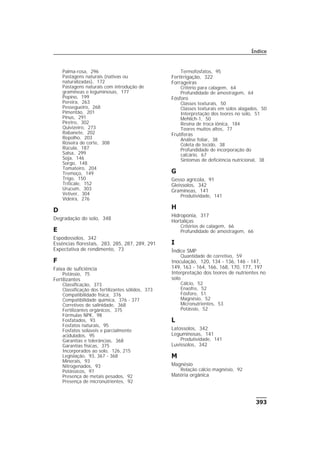 Palma-rosa, 296
Pastagens naturais (nativas ou
naturalizadas), 172
Pastagens naturais com introdução de
gramíneas e leguminosas, 177
Pepino, 199
Pereira, 263
Pessegueiro, 268
Pimentão, 201
Pinus, 291
Piretro, 302
Quivizeiro, 273
Rabanete, 202
Repolho, 203
Roseira de corte, 308
Rúcula, 187
Salsa, 299
Soja, 146
Sorgo, 148
Tomateiro, 204
Tremoço, 149
Trigo, 150
Triticale, 152
Urucum, 303
Vetiver, 304
Videira, 276
D
Degradação do solo, 348
E
Espodossolos, 342
Essências florestais, 283, 285, 287, 289, 291
Expectativa de rendimento, 73
F
Faixa de suficiência
Potássio, 75
Fertilizantes
Classificação, 373
Classificação dos fertilizantes sólidos, 373
Compatibilidade física, 376
Compatibilidade química, 376 - 377
Corretivos de salinidade, 368
Fertilizantes orgânicos, 375
Fórmulas NPK, 98
Fosfatados, 93
Fosfatos naturais, 95
Fosfatos solúveis e parcialmente
acidulados, 95
Garantias e tolerâncias, 368
Garantias físicas, 375
Incorporados ao solo, 126, 215
Legislação, 93, 367 - 368
Minerais, 93
Nitrogenados, 93
Potássicos, 97
Presença de metais pesados, 92
Presença de micronutrientes, 92
Termofosfatos, 95
Fertirrigação, 322
Forrageiras
Critério para calagem, 64
Profundidade de amostragem, 64
Fósforo
Classes texturais, 50
Classes texturais em solos alagados, 50
Interpretação dos teores no solo, 51
Mehlich-1, 50
Resina de troca iônica, 184
Teores muitos altos, 77
Frutíferas
Análise foliar, 38
Coleta de tecido, 38
Profundidade de incorporação do
calcário, 67
Sintomas de deficiência nutricional, 38
G
Gesso agrícola, 91
Gleissolos, 342
Gramíneas, 141
Produtividade, 141
H
Hidroponia, 317
Hortaliças
Critérios de calagem, 66
Profundidade de amostragem, 66
I
Índice SMP
Quantidade de corretivo, 59
Inoculação, 120, 134 - 136, 146 - 147,
149, 163 - 164, 166, 168, 170, 177, 197
Interpretação dos teores de nutrientes no
solo
Cálcio, 52
Enxofre, 52
Fósforo, 51
Magnésio, 52
Micronutrientes, 53
Potássio, 52
L
Latossolos, 342
Leguminosas, 141
Produtividade, 141
Luvissolos, 342
M
Magnésio
Relação cálcio:magnésio, 92
Matéria orgânica
393
Índice
 