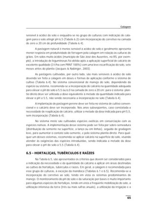 sensível à acidez do solo e enquadra-se no grupo de culturas com indicação de cala-
gem para o solo atingir pH 6,5 (Tabela 6.2) com incorporação do corretivo na camada
de zero a 20 cm de profundidade (Tabela 6.4).
A pastagem natural é menos sensível à acidez do solo e geralmente apresenta
menor resposta em produtividade de forragem pela calagem em relação às culturas de
grãos. Em solos muito ácidos (município de São José dos Ausentes, no RS, por exem-
plo), a introdução de leguminosas foi obtida após a aplicação superficial de calcário de
excelente qualidade (3 t/ha com PRNT 100%) com uma leve escarificação do solo, sete
meses antes do plantio (Jacques & Nabinger, 2003).
As pastagens cultivadas, por outro lado, são mais sensíveis à acidez do solo
devendo ser feita a calagem em doses e formas de aplicação conforme o sistema de
cultivo (Tabela 6.4). No sistema convencional de manejo do solo, dependendo da
espécie ou sistema, recomenda-se a incorporação de calcário na quantidade adequada
para elevar o pH do solo a 5,5 ou 6,0 na camada de zero a 20 cm; para o sistema plan-
tio direto deve ser utilizada a dose equivalente à metade da quantidade indicada para
elevar o pH a 5,5, não sendo necessária a incorporação no solo (Tabela 6.4).
A implantação de pastagem perene deve ser feita no sistema de cultivo conven-
cional e o calcário deve ser incorporado. Nos anos subseqüentes, caso constatada a
necessidade de reaplicação de calcário, utilizar a metade da dose indicada para pH 5,5,
sem incorporação (Tabela 6.4).
No sistema misto são cultivadas espécies exóticas em consorciação com as
espécies nativas. A implementação desse sistema pode ser feita por sobre-semeadura
(distribuição da semente na superfície, a lanço ou em linhas), seguida de gradagem
leve, para aumentar o contato solo-semente, e pelo sistema plantio direto. Para qual-
quer um desses sistemas, recomenda-se aplicar calcário na superfície do solo, visando
atender às exigências das espécies introduzidas, sendo indicada a metade da dose
para elevar o pH do solo a 5,5 (Tabela 6.4).
6.5 - HORTALIÇAS, TUBÉRCULOS E RAÍZES
Na Tabela 6.5, são apresentados os critérios que devem ser considerados para
a indicação da necessidade e da quantidade de calcário a aplicar em áreas destinadas
ao cultivo de hortaliças, tubérculos e raízes. Em geral, a calagem é recomendada para
esse grupo de culturas, à exceção da mandioca (Tabelas 6.1 e 6.5). Recomenda-se a
incorporação do corretivo ao solo, tendo em vista os sistemas predominantes de
manejo. O monitoramento do pH do solo e da saturação por bases é muito importante
para algumas espécies de hortaliças, tendo em vista a freqüente mobilização do solo, a
utilização intensiva da terra (três ou mais safras anuais), a utilização da irrigação e a
65
Calagem
 