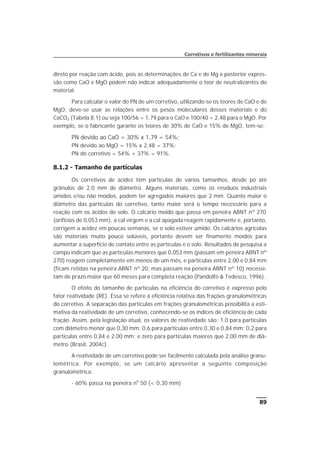 direto por reação com ácido, pois as determinações de Ca e de Mg e posterior expres-
são como CaO e MgO podem não indicar adequadamente o teor de neutralizantes do
material.
Para calcular o valor do PN de um corretivo, utilizando-se os teores de CaO e de
MgO, deve-se usar as relações entre os pesos moleculares desses materiais e do
CaCO3 (Tabela 8.1) ou seja 100/56 = 1,79 para o CaO e 100/40 = 2,48 para o MgO. Por
exemplo, se o fabricante garante os teores de 30% de CaO e 15% de MgO, tem-se:
PN devido ao CaO = 30% x 1,79 = 54%;
PN devido ao MgO = 15% x 2,48 = 37%;
PN do corretivo = 54% + 37% = 91%.
8.1.2 - Tamanho de partículas
Os corretivos de acidez têm partículas de vários tamanhos, desde pó até
grânulos de 2,0 mm de diâmetro. Alguns materiais, como os resíduos industriais
úmidos e/ou não moídos, podem ter agregados maiores que 2 mm. Quanto maior o
diâmetro das partículas do corretivo, tanto maior será o tempo necessário para a
reação com os ácidos do solo. O calcário moído que passa em peneira ABNT nº 270
(orifícios de 0,053 mm), a cal virgem e a cal apagada reagem rapidamente e, portanto,
corrigem a acidez em poucas semanas, se o solo estiver úmido. Os calcários agrícolas
são materiais muito pouco solúveis, portanto devem ser finamente moídos para
aumentar a superfície de contato entre as partículas e o solo. Resultados de pesquisa a
campo indicam que as partículas menores que 0,053 mm (passam em peneira ABNT nº
270) reagem completamente em menos de um mês, e partículas entre 2,00 e 0,84 mm
(ficam retidas na peneira ABNT nº 20, mas passam na peneira ABNT nº 10) necessi-
tam de prazo maior que 60 meses para completa reação (Pandolfo & Tedesco, 1996).
O efeito do tamanho de partículas na eficiência do corretivo é expresso pelo
fator reatividade (RE). Essa se refere à eficiência relativa das frações granulométricas
do corretivo. A separação das partículas em frações granulométricas possibilita a esti-
mativa da reatividade de um corretivo, conhecendo-se os índices de eficiência de cada
fração. Assim, pela legislação atual, os valores de reatividade são: 1,0 para partículas
com diâmetro menor que 0,30 mm; 0,6 para partículas entre 0,30 e 0,84 mm; 0,2 para
partículas entre 0,84 e 2,00 mm; e zero para partículas maiores que 2,00 mm de diâ-
metro (Brasil, 2004c).
A reatividade de um corretivo pode ser facilmente calculada pela análise granu-
lométrica. Por exemplo, se um calcário apresentar a seguinte composição
granulométrica:
- 60% passa na peneira no
50 (< 0,30 mm)
89
Corretivos e fertilizantes minerais
 