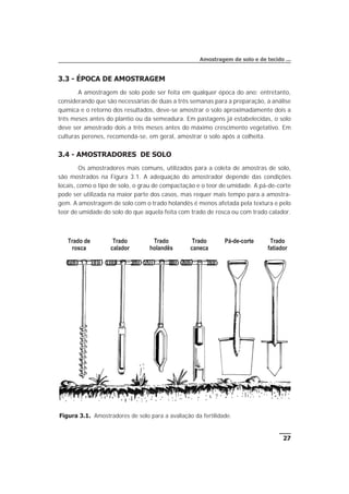 3.3 - ÉPOCA DE AMOSTRAGEM
A amostragem de solo pode ser feita em qualquer época do ano; entretanto,
considerando que são necessárias de duas a três semanas para a preparação, a análise
química e o retorno dos resultados, deve-se amostrar o solo aproximadamente dois a
três meses antes do plantio ou da semeadura. Em pastagens já estabelecidas, o solo
deve ser amostrado dois a três meses antes do máximo crescimento vegetativo. Em
culturas perenes, recomenda-se, em geral, amostrar o solo após a colheita.
3.4 - AMOSTRADORES DE SOLO
Os amostradores mais comuns, utilizados para a coleta de amostras de solo,
são mostrados na Figura 3.1. A adequação do amostrador depende das condições
locais, como o tipo de solo, o grau de compactação e o teor de umidade. A pá-de-corte
pode ser utilizada na maior parte dos casos, mas requer mais tempo para a amostra-
gem. A amostragem de solo com o trado holandês é menos afetada pela textura e pelo
teor de umidade do solo do que aquela feita com trado de rosca ou com trado calador.
27
Amostragem de solo e de tecido ...
Figura 3.1. Amostradores de solo para a avaliação da fertilidade.
Trado de
rosca
Trado
calador
Trado
holandês
Trado
caneca
Pá-de-corte Trado
fatiador
 