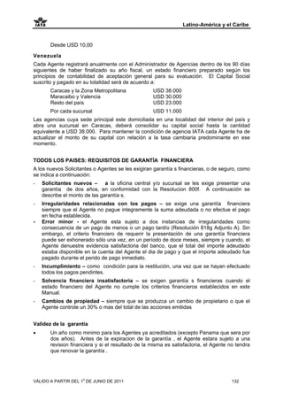 Latino-América y el Caribe


       Desde USD 10,00

Venezuela
Cada Agente registrará anualmente con el Administrador de Agencias dentro de los 90 días
siguientes de haber finalizado su año fiscal, un estado financiero preparado según los
principios de contabilidad de aceptación general para su evaluación. El Capital Social
suscrito y pagado en su totalidad será de acuerdo a:
       Caracas y la Zona Metropolitana             USD 38.000
       Maracaibo y Valencia                        USD 30.000
       Resto del país                              USD 23.000
       Por cada sucursal                           USD 11.000
Las agencias cuya sede principal este domiciliada en una localidad del interior del país y
abra una sucursal en Caracas, deberá consolidar su capital social hasta la cantidad
equivalente a USD 38.000. Para mantener la condición de agencia IATA cada Agente ha de
actualizar el monto de su capital con relación a la tasa cambiaria predominante en ese
momento.


TODOS LOS PAISES: REQUISITOS DE GARANTÍA FINANCIERA
A los nuevos Solicitantes o Agentes se les exigiran garantía s financieras, o de seguro, como
se indica a continuación:
-   Solicitantes nuevos – a la oficina central y/o sucursal se les exige presentar una
    garantía de dos años, en conformidad con la Resolucion 800f. A continuación se
    describe el monto de las garantía s.
-   Irregularidades relacionadas con los pagos – se exige una garantía financiera
    siempre que el Agente no pague integramente la suma adeudada o no efectue el pago
    en fecha establecida.
-   Error minor - el Agente esta sujeto a dos instancias de irregularidades como
    consecuencia de un pago de menos o un pago tardío (Resolución 818g Adjunto A). Sin
    embargo, el criterio financiero de requerir la presentación de una garantía financiera
    puede ser exhonerado sólo una vez, en un período de doce meses, siempre y cuando, el
    Agente denuestre evidencia satisfactoria del banco, que el total del importe adeudado
    estaba disponible en la cuenta del Agente el dia de pago y que el importe adeudado fue
    pagado durante el perido de pago inmediato.
-   Incumplimiento – como condición para la restitución, una vez que se hayan efectuado
    todos los pagos pendintes.
-   Solvencia financiera insatisfactoria – se exigen garantía s financieras cuando el
    estado financiero del Agente no cumple los criterios financieros establecidos en este
    Manual.
-   Cambios de propiedad – siempre que se produzca un cambio de propietario o que el
    Agente controle un 30% o mas del total de las acciones emitidas


Validez de la garantía
•      Un año como minimo para los Agentes ya acreditados (excepto Panama que sera por
       dos años). Antes de la expiracion de la garantía , el Agente estara sujeto a una
       revision financiera y si el resultado de la misma es satisfactoria, el Agente no tendra
       que renovar la garantía .




VÁLIDO A PARTIR DEL 1o DE JUNIO DE 2011                                               132
 