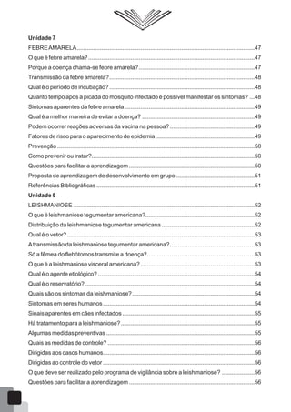 Unidade 7
FEBREAMARELA.............................................................................................................47
O que é febre amarela?......................................................................................................47
Porque a doença chama-se febre amarela?.......................................................................47
Transmissão da febre amarela?.........................................................................................48
Qual é o período de incubação? .........................................................................................48
Quanto tempo após a picada do mosquito infectado é possível manifestar os sintomas? ...48
Sintomas aparentes da febre amarela................................................................................49
Qual é a melhor maneira de evitar a doença? .....................................................................49
Podem ocorrer reações adversas da vacina na pessoa?....................................................49
Fatores de risco para o aparecimento de epidemia.............................................................49
Prevenção .........................................................................................................................50
Como prevenir ou tratar?....................................................................................................50
Questões para facilitar a aprendizagem .............................................................................50
Proposta de aprendizagem de desenvolvimento em grupo ................................................51
Referências Bibliográficas .................................................................................................51
Unidade 8
LEISHMANIOSE ...............................................................................................................52
O que é leishmaniose tegumentar americana?...................................................................52
Distribuição da leishmaniose tegumentar americana .........................................................52
Qual é o vetor?...................................................................................................................53
Atransmissão da leishmaniose tegumentar americana?....................................................53
Só a fêmea do flebótomos transmite a doença?..................................................................53
O que é a leishmaniose visceral americana?......................................................................53
Qual é o agente etiológico? ................................................................................................54
Qual é o reservatório?........................................................................................................54
Quais são os sintomas da leishmaniose?...........................................................................54
Sintomas em seres humanos.............................................................................................54
Sinais aparentes em cães infectados .................................................................................55
Há tratamento para a leishmaniose?..................................................................................55
Algumas medidas preventivas ...........................................................................................55
Quais as medidas de controle? ..........................................................................................56
Dirigidas aos casos humanos.............................................................................................56
Dirigidas ao controle do vetor .............................................................................................56
O que deve ser realizado pelo programa de vigilância sobre a leishmaniose? ....................56
Questões para facilitar a aprendizagem .............................................................................56
 