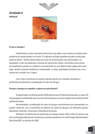 Unidade 4
DENGUE
O que é dengue?
Atualmente é a mais importante arbovirose que afeta o ser humano e constitui sério
problema de saúde publica no mundo. É originário do Egito espalhou-se pelo mundo pelo
5
oeste da África . Sendo disseminado por meio de embarcações nas colonizações, na
atualidade o meio de dispersão é através de automóveis aviões, caminhões entre outros;
principalmente quando um criadouro e transportado de uma determinada região para outro
lugar; devido a grande resistência a dessecação, ou seja, quantidade de tempo que o ovo
resiste sem contato com a água.
Com maior ocorrência em países tropicais devido às condições climáticas e
ambientais beneficiando a proliferação do vetor da dengue.
Porque a dengue se espalha e agrava-se pelo Brasil?
Aorganização mundial da saúde (OMS) estima que 2,5 bilhões de pessoas, ou seja, 2/5
da população mundial estão sob risco de contrair dengue e que tem registro de ocorrência de 50
milhões de casos.
Na atualidade a proliferação do vetor da dengue nas Américas tem apresentado um
quadro crescente, com a ocorrência de milhares de casos de dengue nos referentes países,
pelo Brasil, Colômbia, Venezuela, Costa Rica e Honduras.
No Brasil, há referências de epidemias por dengue desde 1923 no Rio de Janeiro mas
sem confirmação laboratorial. Sendo que a primeira epidemia com confirmação laboratorial em
3.
Boa Vista (RR), no período de 1982
Aedes Aegypti
Fonte: MS
21
 