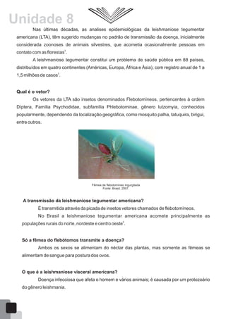 Unidade 8
Nas últimas décadas, as analises epidemiológicas da leishmaniose tegumentar
americana (LTA), têm sugerido mudanças no padrão de transmissão da doença, inicialmente
considerada zoonoses de animais silvestres, que acometia ocasionalmente pessoas em
3
contato com as florestas .
A leishmaniose tegumentar constitui um problema de saúde pública em 88 países,
distribuídos em quatro continentes (Américas, Europa, África e Ásia), com registro anual de 1 a
3
1,5 milhões de casos .
Qual é o vetor?
Os vetores da LTA são insetos denominados Flebotomíneos, pertencentes à ordem
Díptera, Família Psychodidae, subfamília Phlebotominae, gênero lutzomyia, conhecidos
popularmente, dependendo da localização geográfica, como mosquito palha, tatuquira, birigui,
entre outros.
Fêmea de flebotomíneo ingurgitada
Fonte: Brasil, 2007.
A transmissão da leishmaniose tegumentar americana?
É transmitida através da picada de insetos vetores chamados de flebotomíneos.
No Brasil a leishmaniose tegumentar americana acomete principalmente as
5
populações rurais do norte, nordeste e centro oeste .
Só a fêmea do flebótomos transmite a doença?
Ambos os sexos se alimentam do néctar das plantas, mas somente as fêmeas se
alimentam de sangue para postura dos ovos.
O que é a leishmaniose visceral americana?
Doença infecciosa que afeta o homem e vários animais; é causada por um protozoário
do gênero leishmania.
51
 