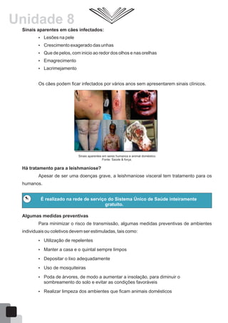 Sinais aparentes em cães infectados:
 Lesões na pele
 Crescimento exagerado das unhas
 Que de pelos, com inicio ao redor dos olhos e nas orelhas
 Emagrecimento
 Lacrimejamento
Os cães podem ficar infectados por vários anos sem apresentarem sinais clínicos.
Sinais aparentes em seres humanos e animal doméstico
Fonte: Saúde & força.
Há tratamento para a leishmaniose?
Apesar de ser uma doenças grave, a leishmaniose visceral tem tratamento para os
humanos.
É realizado na rede de serviço do Sistema Único de Saúde inteiramente
gratuito.
Algumas medidas preventivas
Para minimizar o risco de transmissão, algumas medidas preventivas de ambientes
individuais ou coletivos devem ser estimuladas, tais como:
 Utilização de repelentes
 Manter a casa e o quintal sempre limpos
 Depositar o lixo adequadamente
 Uso de mosquiteiras
 Poda de árvores, de modo a aumentar a insolação, para diminuir o
sombreamento do solo e evitar as condições favoráveis
 Realizar limpeza dos ambientes que ficam animais domésticos
53
Unidade 8
 