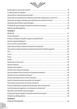 6
Existe alguma vacina para cólera?.....................................................................................18
A cólera pode ser tratada? ................................................................................................18
Quais são as maneiras de prevenção?...............................................................................18
Quais são os procedimentos utilizados para tratar a água para o consumo?.......................19
Quais são as etapas utilizadas para desinfetar as verduras e frutas?..................................19
Questões para facilitar a aprendizagem .............................................................................19
Proposta de aprendizagem de desenvolvimento em grupo ................................................19
Referências Bibliográficas .................................................................................................20
Unidade 4
DENGUE...........................................................................................................................21
O que é dengue?................................................................................................................21
Porque a dengue se espalha e agrava-se pelo Brasil?........................................................21
Qual é o agente etiológico? ................................................................................................22
Como ocorre a transmissão? .............................................................................................22
Quais são as fases do desenvolvimento do mosquito?.......................................................23
Quais são as etapas das fases do desenvolvimento doAedes aegypti? .............................23
Ovo....................................................................................................................................23
Larva .................................................................................................................................24
Pupa..................................................................................................................................24
Adulto ................................................................................................................................25
Quais são os sintomas? .....................................................................................................25
Dengue clássica ................................................................................................................25
Dengue hemorrágica .........................................................................................................25
Síndrome do choque da dengue.........................................................................................26
Quais remédios deve se evitar com suspeita de dengue?...................................................26
Quando houver suspeita de dengue?.................................................................................26
Porque não existe vacina contra a dengue? .......................................................................27
Qual é o tratamento para o paciente com dengue? .............................................................27
O que fazer para prevenir-se contra a dengue? ..................................................................27
Porque atualmente as epidemias de dengue vêm aumentando?........................................28
As atribuições dos agentes no combate aos vetores são? ..................................................28
Questões para facilitar a aprendizagem .............................................................................28
Proposta de aprendizagem de desenvolvimento em grupo ................................................29
Referências Bibliográficas .................................................................................................29
Unidade 5
ESQUISTOSSOMOSE......................................................................................................32
 