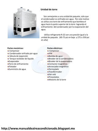 Unidad de torre
Son semejantes a una unidad de paquete, solo que
el condensador es enfriado con agua. Por este motivo
se utiliza una torre de enfriamiento que bombea el
agua hacia la parte superior de la torre logrando el
enfriamiento del condensador por la evaporación del
agua.
Utiliza refrigerante R-22 con una presión igual a la
unidad de paquete. (60-75 psi en baja y 275 a 350 psi
en alta)
Partes mecánicas:
Compresor
Condensador enfriado por agua
Válvula de expansión
Tanque recibidor de líquido
Evaporador
Torre de enfriamiento
Flotador
Suministro de agua
Partes eléctricas:
Compresor
IFM
Bomba de agua
Breaker de la condensadora
Breaker de la evaporadora
Contactor magnético
Arrancador magnético
Termostato
Transformador
Fan relé
Presostatos
Motores de la torre
http://www.manualdeaireacondicionado.blogspot.mx
 