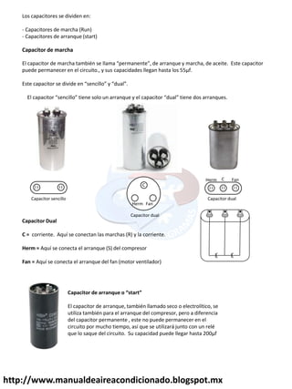 http://www.manualdeaireacondicionado.blogspot.mx
Los capacitores se dividen en:
- Capacitores de marcha (Run)
- Capacitores de arranque (start)
Capacitor de marcha
El apa ito de a ha ta ié se lla a pe a e te , de a a ue a ha, de a eite. Este apa ito
puede permanecer en el circuito., y sus capacidades llegan hasta los 55µf.
Este apa ito se divide e se illo dual .
El apa ito se illo tie e solo u a a ue el apa ito dual tie e dos a a ues.
C
FanHerm
Capacitor sencillo Capacitor dual
Capacitor dual
Capacitor Dual
C = corriente. Aquí se conectan las marchas (R) y la corriente.
Herm = Aquí se conecta el arranque (S) del compresor
Fan = Aquí se conecta el arranque del fan (motor ventilador)
CHerm Fan
Capacito de a an ue o sta t
El capacitor de arranque, también llamado seco o electrolítico, se
utiliza también para el arranque del compresor, pero a diferencia
del capacitor permanente , este no puede permanecer en el
circuito por mucho tiempo, así que se utilizará junto con un relé
que lo saque del circuito. Su capacidad puede llegar hasta 200µf
 