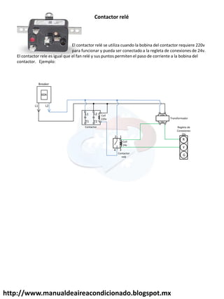 http://www.manualdeaireacondicionado.blogspot.mx
El contactor relé se utiliza cuando la bobina del contactor requiere 220v
para funcionar y pueda ser conectado a la regleta de conexiones de 24v.
El contactor rele es igual que el fan relé y sus puntos permiten el paso de corriente a la bobina del
contactor. Ejemplo:
Contactor relé
220v
24v
2
4 3
1
L2
T2T1
L1
Breaker
60A
R
Y
G
L1 L2
Coil
220v
Contactor
relé
Regleta de
Conexiones
24v
Transformador
Contactor
Coil
24v
 