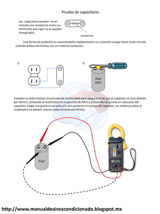 http://www.manualdeaireacondicionado.blogspot.mx
Los capacitores pueden tener
incluida una resistencia entre sus
terminales para que no se queden
energizados.
resistencia
Una forma de probarlos es conectándolos rápidamente a un contacto y luego hacer corto circuito
uniendo ambas terminales con un material conductor.
43μf
360V
1) 2)
También se debe realizar una prueba de continuidad para asegurarse de que el capacitor no este dañado
por dentro, utilizando el multímetro en la posición de Ohm y colocando las puntas en cada polo del
capacitor, luego una punta en un polo y la otra punta en el cuerpo del capacitor, en ambas pruebas el
multímetro no deberá marcar nada (resistencia infinita).
43μf
Prueba de capacitores
 