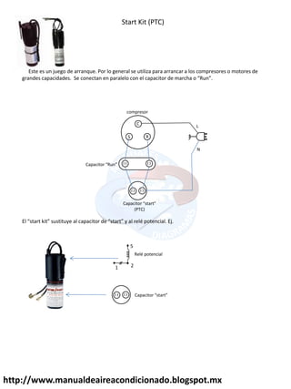 http://www.manualdeaireacondicionado.blogspot.mx
Start Kit (PTC)
Este es un juego de arranque. Por lo general se utiliza para arrancar a los compresores o motores de
g a des apa idades. “e o e ta e pa alelo o el apa ito de a ha o Ru .
C
R
S
compresor
Capa ito Ru
Capa ito sta t
(PTC)
L
N
El sta t kit sustitu e al apa ito de sta t al elé pote ial. Ej.
5
1 2
Capa ito sta t
Relé potencial
 