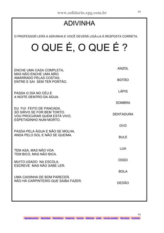 www.solidario.xpg.com.br
Agropecuária Apostilas Eletrônica Esportes Cursos Idiomas Links Livros usados Receitas Turismo
54
54
ADIVINHA
O PROFESSOR LERÁ A ADIVINHA E VOCÊ DEVERÁ LIGÁ-LA Á RESPOSTA CORRETA.
O QUE É, O QUE É ?
ENCHE UMA CASA COMPLETA,
MAS NÃO ENCHE UMA MÃO
AMARRADO PELAS COSTAS,
ENTRE E SAI SEM TER PORTÃO.
PASSA O DIA NO CÉU E
A NOITE DENTRO DA ÁGUA.
EU FUI FEITO DE PANCADA.
SÓ SIRVO SE FOR BEM TORTO.
VOU PROCURAR QUEM ESTÁ VIVO,
ESPETADINHO NUM MORTO.
PASSA PELA ÁGUA E NÃO SE MOLHA,
ANDA PELO SOL E NÃO SE QUEIMA.
TEM ASA, MAS NÃO VOA
TEM BICO, MAS NÃO BICA.
MUITO USADO NA ESCOLA.
ESCREVE MAS NÃO SABE LER.
UMA CAIXINHA DE BOM PARECER.
NÃO HÁ CARPINTEIRO QUE SAIBA FAZER.
ANZOL
BOTÃO
LÁPIS
SOMBRA
DENTADURA
OVO
BULE
LUA
OSSO
BOLA
DEDÃO
 