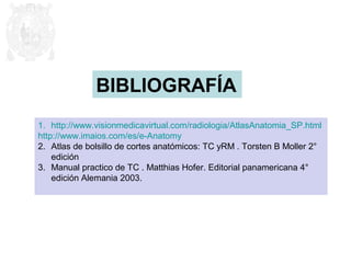 BIBLIOGRAFÍA 
1. http://www.visionmedicavirtual.com/radiologia/AtlasAnatomia_SP.html 
http://www.imaios.com/es/e-Anatomy 
2. Atlas de bolsillo de cortes anatómicos: TC yRM . Torsten B Moller 2° 
edición 
3. Manual practico de TC . Matthias Hofer. Editorial panamericana 4° 
edición Alemania 2003. 
