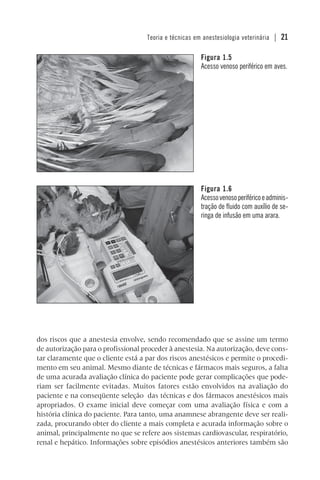 Teoria e técnicas em anestesiologia veterinária | 21
dos riscos que a anestesia envolve, sendo recomendado que se assine um termo
de autorização para o profissional proceder à anestesia. Na autorização, deve cons-
tar claramente que o cliente está a par dos riscos anestésicos e permite o procedi-
mento em seu animal. Mesmo diante de técnicas e fármacos mais seguros, a falta
de uma acurada avaliação clínica do paciente pode gerar complicações que pode-
riam ser facilmente evitadas. Muitos fatores estão envolvidos na avaliação do
paciente e na conseqüente seleção das técnicas e dos fármacos anestésicos mais
apropriados. O exame inicial deve começar com uma avaliação física e com a
história clínica do paciente. Para tanto, uma anamnese abrangente deve ser reali-
zada, procurando obter do cliente a mais completa e acurada informação sobre o
animal, principalmente no que se refere aos sistemas cardiovascular, respiratório,
renal e hepático. Informações sobre episódios anestésicos anteriores também são
Figura 1.6
Acessovenosoperiféricoeadminis-
tração de fluido com auxílio de se-
ringa de infusão em uma arara.
Figura 1.5
Acesso venoso periférico em aves.
 