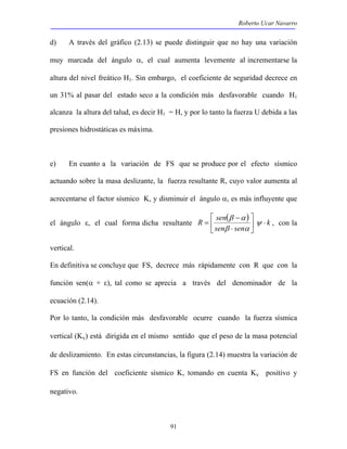 Roberto Ucar Navarro 
d) A través del gráfico (2.13) se puede distinguir que no hay una variación 
muy marcada del ángulo α, el cual aumenta levemente al incrementarse la 
altura del nivel freático H1. Sin embargo, el coeficiente de seguridad decrece en 
un 31% al pasar del estado seco a la condición más desfavorable cuando H1 
alcanza la altura del talud, es decir H1 = H, y por lo tanto la fuerza U debida a las 
presiones hidrostáticas es máxima. 
e) En cuanto a la variación de FS que se produce por el efecto sísmico 
actuando sobre la masa deslizante, la fuerza resultante R, cuyo valor aumenta al 
acrecentarse el factor sísmico K, y disminuir el ángulo α, es más influyente que 
el ángulo ε, el cual forma dicha resultante 
91 
( ) k 
 
R sen β α 
⋅ sen sen 
 
 
 
⋅ 
− 
= ψ 
β α 
, con la 
vertical. 
En definitiva se concluye que FS, decrece más rápidamente con R que con la 
función sen(α + ε), tal como se aprecia a través del denominador de la 
ecuación (2.14). 
Por lo tanto, la condición más desfavorable ocurre cuando la fuerza sísmica 
vertical (Kv) está dirigida en el mismo sentido que el peso de la masa potencial 
de deslizamiento. En estas circunstancias, la figura (2.14) muestra la variación de 
FS en función del coeficiente sísmico K, tomando en cuenta Kv positivo y 
negativo. 
 