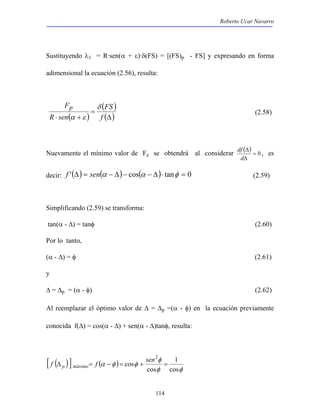 Roberto Ucar Navarro 
Sustituyendo λ3 = R·sen(α + ε)·δ(FS) = [(FS)p - FS] y expresando en forma 
adimensional la ecuación (2.56), resulta: 
φ 
114 
Fp δ 
α ε 
( ) 
( ) 
(Δ) 
= 
⋅ + f 
FS 
R sen 
(2.58) 
Nuevamente el mínimo valor de Fp se obtendrá al considerar ( ) 
df = 0 
, es 
Δ 
d 
Δ 
decir: f '(Δ) = sen(α − Δ)− cos(α − Δ)⋅ tanφ = 0 (2.59) 
Simplificando (2.59) se transforma: 
tan(α - Δ) = tanφ (2.60) 
Por lo tanto, 
(α - Δ) = φ (2.61) 
y 
Δ = Δp = (α - φ) (2.62) 
Al reemplazar el óptimo valor de Δ = Δp =(α - φ) en la ecuación previamente 
conocida f(Δ) = cos(α - Δ) + sen(α - Δ)tanφ, resulta: 
[ ( ) ] ( ) 
1 
φ φ 
α φ φ 
cos 
cos 
cos 
2 
f Δ p máximo= f − = + sen = 
 