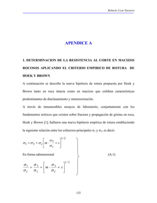 Roberto Ucar Navarro 
APENDICE A 
1. DETERMINACION DE LA RESISTENCIA AL CORTE EN MACIZOS 
ROCOSOS APLICANDO EL CRITERIO EMPIRICO DE ROTURA DE 
HOEK Y BROWN 
A continuación se describe la nueva hipótesis de rotura propuesta por Hoek y 
Brown tanto en roca intacta como en macizos que exhiben características 
predominantes de diaclasamiento y metereorización. 
A través de innumerables ensayos de laboratorio, conjuntamente con los 
fundamentos teóricos que existen sobre fractura y propagación de grietas en roca, 
Hoek y Brown [1], hallaron una nueva hipótesis empírica de rotura estableciendo 
la siguiente relación entre los esfuerzos principales σ1 y σ3, es decir: 
125 
1/ 2 
σ 
3 
 
 
= + m ⋅ + s 
3 1  
 
c σ 
c 
σ σ σ 
En forma adimensional (A.1) 
1 / 2 
 
 
σ 
σ 
1 3 3  
= + m ⋅ + s 
c c σ c 
 
σ 
σ 
σ 
 