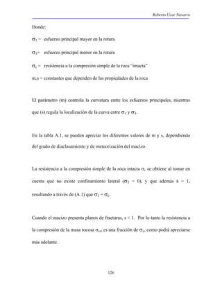 Roberto Ucar Navarro 
Donde: 
σ1 = esfuerzo principal mayor en la rotura 
σ3= esfuerzo principal menor en la rotura 
σc = resistencia a la compresión simple de la roca “intacta” 
m,s = constantes que dependen de las propiedades de la roca 
El parámetro (m) controla la curvatura entre los esfuerzos principales, mientras 
que (s) regula la localización de la curva entre σ1 y σ3. 
En la tabla A.1, se pueden apreciar los diferentes valores de m y s, dependiendo 
del grado de diaclasamiento y de meteorización del macizo. 
La resistencia a la compresión simple de la roca intacta σc se obtiene al tomar en 
cuenta que no existe confinamiento lateral (σ3 = 0), y que además s = 1, 
resultando a través de (A.1) que σ1 = σc. 
Cuando el macizo presenta planos de fracturas, s < 1. Por lo tanto la resistencia a 
la compresión de la masa rocosa σcm es una fracción de σc, como podrá apreciarse 
más adelante. 
126 
 