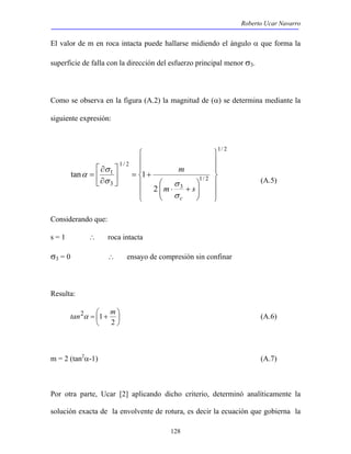 Roberto Ucar Navarro 
El valor de m en roca intacta puede hallarse midiendo el ángulo α que forma la 
superficie de falla con la dirección del esfuerzo principal menor σ3. 
Como se observa en la figura (A.2) la magnitud de (α) se determina mediante la 
siguiente expresión: 
m 
σ σ 
tan2α 1 m (A.6) 
128 
1/ 2 
1/ 2 
3 
1 / 2 
1 
3 
2 
 
  
 
 
∂ 
tan 1 
 
  
 
  
 
 
  
 
 
  
 
  
⋅ + 
+ =  
 
∂ 
= 
m s 
σ c 
σ 
α 
(A.5) 
Considerando que: 
s = 1 ∴ roca intacta 
σ3 = 0 ∴ ensayo de compresión sin confinar 
Resulta: 
 
 
=  + 
 
2 
m = 2 (tan2α-1) (A.7) 
Por otra parte, Ucar [2] aplicando dicho criterio, determinó analíticamente la 
solución exacta de la envolvente de rotura, es decir la ecuación que gobierna la 
 