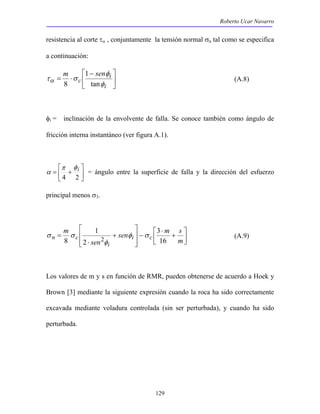 Roberto Ucar Navarro 
resistencia al corte τα , conjuntamente la tensión normal σn tal como se especifica 
a continuación: 
α = ángulo entre la superficie de falla y la dirección del esfuerzo 
sen  m + 
s 
σ σ (A.9) 
n c 16 
129 
 
 
 − 
m 1 
sen 
 
= ⋅ 
φ 
i 
i 
c 
φ 
τα σ 8 
tan 
(A.8) 
φi = inclinación de la envolvente de falla. Se conoce también como ángulo de 
fricción interna instantáneo (ver figura A.1). 
 
 
π 
=  + 
 
i φ 
4 2 
principal menos σ3. 
 
 
⋅ 
− 
 
  
 
  
+ 
⋅ 
= 
m 
sen 
m 
i c 
i 
3 
2 
1 
8 2 
φ σ 
φ 
Los valores de m y s en función de RMR, pueden obtenerse de acuerdo a Hoek y 
Brown [3] mediante la siguiente expresión cuando la roca ha sido correctamente 
excavada mediante voladura controlada (sin ser perturbada), y cuando ha sido 
perturbada. 
 