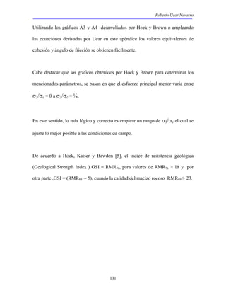Roberto Ucar Navarro 
Utilizando los gráficos A3 y A4 desarrollados por Hoek y Brown o empleando 
las ecuaciones derivadas por Ucar en este apéndice los valores equivalentes de 
cohesión y ángulo de fricción se obtienen fácilmente. 
Cabe destacar que los gráficos obtenidos por Hoek y Brown para determinar los 
mencionados parámetros, se basan en que el esfuerzo principal menor varía entre 
σ3/σc = 0 a σ3/σc = ¼. 
En este sentido, lo más lógico y correcto es emplear un rango de σ3/σc el cual se 
ajuste lo mejor posible a las condiciones de campo. 
De acuerdo a Hoek, Kaiser y Bawden [5], el índice de resistencia geológica 
(Geological Strength Index ) GSI = RMR76, para valores de RMR76 > 18 y por 
otra parte ,GSI = (RMR89 – 5), cuando la calidad del macizo rocoso RMR89 > 23. 
131 
 