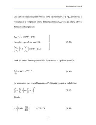 Roberto Ucar Navarro 
Una vez conocidos los parámetros de corte equivalentes C y φ =φi , el valor de la 
resistencia a la compresión simple de la masa rocosa σcm puede calcularse a través 
de la conocida expresión: 
σcm = 2 C tan(45° + φ/2) 
La cual es equivalente a escribir: (A.30) 
σ1 3 3 (A.32) 
a 0,65 GSI , si GSI≤ 30 (A.33) 
144 
 
 
⋅ =   
cm C 
2 tan(45 φ / 2) 
σ 
σ σ 
+ °   
  
 
 
  
c c 
Hoek [6] en una forma aproximada ha determinado la siguiente ecuación: 
GSI 
cm = 0,022 e 0,038. 
σ 
c 
σ 
(A.31) 
De una manera más general la ecuación (A.1) puede expresarse en la forma: 
a 
σ 
m s 
 
σ 
c c c 
 
  
  
= + ⋅ + 
σ 
σ 
σ 
Siendo: 
 
 
  
 
 
= −  
 
200 
 