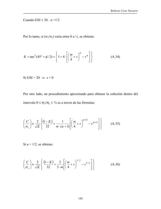 Roberto Ucar Navarro 
= ° + = + ⋅  +  
a 
tan2 (45 φ / 2) 1 4 (A.34) 
 + 
2 1  
a 
 + 
 3 / 2 
2 1 m s s 
145 
Cuando GSI ≥ 30, a =1/2 
Por lo tanto, si (σ3/σc) varía entre 0 a ¼, se obtiene: 
 
  
 
  
 
  
 
  
−  
 
a 
K m s s 
4 
Si GSI = 20 ⇒ s = 0 
Por otro lado, un procedimiento aproximado para obtener la cohesión dentro del 
intervalo 0 ≤ σ3/σc ≤ ¼ es a través de las fórmulas: 
( ) 
 
  
 
  
 
  
 
  
−  
 
1 
⋅ + 
+ 
− 
 
≈   
  
+ 
1 
1 
( 1) 4 
32 
a 
m s s 
m a 
K 
K 
C 
σ c 
(A.35) 
Si a = 1/2, se obtiene: 
( ) 
 
  
 
    
 
 
 + 
  
 
−  
 
2 
⋅ 
+ 
− 
 
≈   
  
3 / 2 
3 4 
32 
m 
K 
K 
C 
σ c 
(A.36) 
 