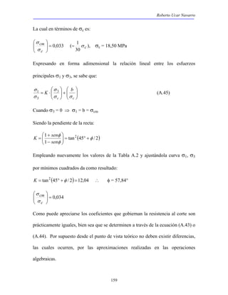 Roberto Ucar Navarro 
1 ), σc = 18,50 MPa 
1 (A.45) 
159 
La cual en términos de σc es: 
 
033 , 0 =   
 
  
cm 
σ 
c 
σ 
(∼ σ c 
30 
Expresando en forma adimensional la relación lineal entre los esfuerzos 
principales σ1 y σ3, se sabe que: 
 
  
 
+   
σ 
K b 
  
 
 
σ 3 
3 
  
= ⋅ 
σ σ 
c c 
σ 
Cuando σ3 = 0 ⇒ σ1 = b = σcm 
Siendo la pendiente de la recta: 
 
 
− 
K sen 
1 2 φ 
tan (45 / 2) 
1 
φ 
+ ° =   
φ 
  
+ 
= 
sen 
Empleando nuevamente los valores de la Tabla A.2 y ajustándola curva σ1, σ3 
por mínimos cuadrados da como resultado: 
K = tan2 (45° +φ / 2)=12,04 ∴ φ = 57,84° 
 
034 , 0 =   
 
  
cm 
σ 
c 
σ 
Como puede apreciarse los coeficientes que gobiernan la resistencia al corte son 
prácticamente iguales, bien sea que se determinen a través de la ecuación (A.43) o 
(A.44). Por supuesto desde el punto de vista teórico no deben existir diferencias, 
las cuales ocurren, por las aproximaciones realizadas en las operaciones 
algebraicas. 
 