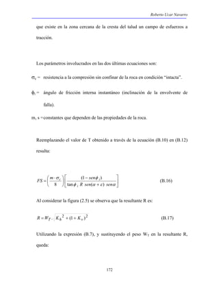 Roberto Ucar Navarro 
que existe en la zona cercana de la cresta del talud un campo de esfuerzos a 
tracción. 
Los parámetros involucrados en las dos últimas ecuaciones son: 
σc = resistencia a la compresión sin confinar de la roca en condición “intacta”. 
φi = ángulo de fricción interna instantáneo (inclinación de la envolvente de 
FS m sen 
c i 
R sen sen 
172 
falla). 
m, s = constantes que dependen de las propiedades de la roca. 
Reemplazando el valor de T obtenido a través de la ecuación (B.10) en (B.12) 
resulta: 
 
 
 
σ φ 
 
tan ( + 
) 
− 
 
 
 ⋅ 
= 
 
φ α ε α 
i 
(1 ) 
8 
(B.16) 
Al considerar la figura (2.5) se observa que la resultante R es: 
. 2 (1 )2 R =WT Kh + + Kv (B.17) 
Utilizando la expresión (B.7), y sustituyendo el peso WT en la resultante R, 
queda: 
 
