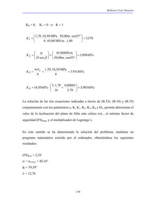 Roberto Ucar Navarro 
1,70 . 18,50 MPa . 50,00m . sen55 
 ° 
1 =  
45,00MN/m 
 
 
 
= 
K 1,098 
2 sen =  
18,50 3 . 1,70 4 =  
179 
Kh = 0, Kv = 0 ⇒ K = 1 
3,578 
8 . 45,00 MN/m . 1,00 
 
 
K = 
MPa 
H 
50,00m . sen55 
 
 
° 
=   
  
β 
ψ 
MPa 
m 
1,70 . 18,50 MPa 
K c 3.931 
3 = = = 
8 8 
σ 
0,00065 
= ⋅  + 
K MPa 5,903MPa 
2,70 
16 
 
 
La solución de las tres ecuaciones indicadas a través de (B.33), (B.34) y (B.35) 
conjuntamente con los parámetros ε, K, K1, K2, K3, K4 y Ω1, permite determinar el 
valor de la inclinación del plano de falla más crítico (α) , el mínimo factor de 
seguridad (FS)min, y el multiplicador de Lagrange λ. 
En este sentido se ha determinado la solución del problema, mediante un 
programa matemático asistido por el ordenador, obteniéndose los siguientes 
resultados: 
(FS)min = 2,39 
α = αcrítico = 45,16° 
φi = 59,58° 
λ = 12,78 
 