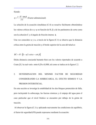 Roberto Ucar Navarro 
191 
Siendo: 
C 
H 
2 
γ tanφ 
η 
⋅ ⋅ 
= (Factor adimensional) 
La solución de la ecuación simultánea (C.4) se resuelve fácilmente obteniéndose 
los valores críticos de α y ψ en función de H, β y de los parámetros de corte como 
son la cohesión C y el ángulo de fricción interna φ. 
Una vez conocidos ψ y α, a través de la figura (C.1) se observa que la distancia 
crítica entre la grieta de tracción y el borde superior de la cara del talud es: 
BC = H ⋅ [(1 −ψ )⋅ cotα − cot β ] 
Dicha distancia concuerda bastante bien con los valores reportados de acuerdo a 
Coats [5] la cual varía entre 0,20 a 0,50H, tal como se indica en la figura C.2. 
2. DETERMINACION DEL MINIMO FACTOR DE SEGURIDAD 
CONSIDERANDO LA SOBRECARGA, EL EFECTO SISMICO Y LA 
PRESION INTERSTICIAL. 
En esta sección se investiga la estabilidad de los dos bloques potenciales de falla, 
pero incluyendo la sobrecarga, las fuerzas sísmicas y el empuje del agua para el 
caso particular que el nivel freático se encuentre por debajo de la grieta de 
tracción. 
Al observar la figura (C.1) y aplicando nuevamente las condiciones de equilibrio, 
el factor de seguridad (FS) puede expresarse mediante la ecuación: 
 