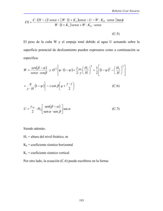 Roberto Ucar Navarro 
( ) { ( ) } 
FS C H z sen W K U W K sen 
/ 1 cos tan 
α α α φ 
W K sen W K sen 
⋅ − + ⋅ + − − ⋅ ⋅ 
v h 
( ) α α 
⋅ + + ⋅ ⋅ 
v h 
H H 
W sen sat ψ 
 
⋅ 
193 
= 
1 
(C.5) 
El peso de la cuña W y el empuje total debido al agua U actuando sobre la 
superficie potencial de deslizamiento pueden expresarse como a continuación se 
especifica: 
 
  
( ) ( ) ( ) 
 
  
 
1 
+ − −   
  
 
 
 
 
 
⋅ ⋅ − + 
β α 
⋅ 
− 
= 
2 
H 
2 1 
2 
2 1 1 
2 
2 
1 
H 
H 
sen sen 
γ 
γ 
γ ψ ψ 
α β 
 
q γ 
⋅ 
1 z cot  q z 
H 
( ) − + 
 
 
   
− 
⋅ 
+ 
2 
ψ β 
γ 
(C.6) 
( ) α 
α β 
γ β α 
sec 
sen 
 
2 1 sen sen 
 
 
 
⋅ 
− 
U = w ⋅ H (C.7) 
Siendo además: 
H1 = altura del nivel freático, m 
Kh = coeficiente sísmico horizontal 
Kv = coeficiente sísmico vertical 
Por otro lado, la ecuación (C.6) puede escribirse en la forma: 
 