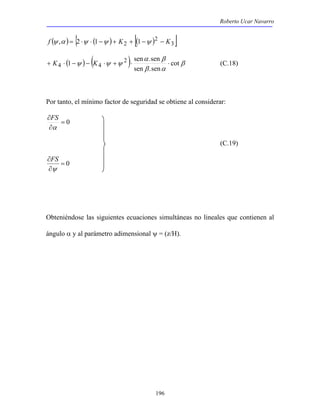 Roberto Ucar Navarro 
( ) { ( ) [( ) 2 
] 3 
f ψ ,α = 2 ⋅ψ ⋅ 1 −ψ + K2 + 1 −ψ − K 
( 1 ) ( 2 ) sen α .sen 
β 
β 
+ K4 ⋅ − ψ − K4 ⋅ ψ + ψ ⋅ ⋅ cot 
(C.18) 
sen .sen 
β α 
Por tanto, el mínimo factor de seguridad se obtiene al considerar: 
196 
= 0 
FS 
∂ 
∂ 
α 
(C.19) 
= 0 
FS 
∂ 
ψ 
∂ 
Obteniéndose las siguientes ecuaciones simultáneas no lineales que contienen al 
ángulo α y al parámetro adimensional ψ = (z/H). 
 