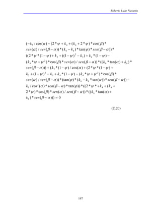 Roberto Ucar Navarro 
− k − 2 + k + k 
+ 
2 
sen sen k k sen 
− − − 
k k k 
2 1 1 1 
− + + − − + − − 
k + sen sen − k + 
k 
sen − + k 
− + − + 
k k 
− − + 
197 
(C.20) 
( /cos( ) ( * ( * )*cos( )* 
( ) / ( ))*( ) * tan( ) * ( )) * 
(( * * ( ) (( ) ) * ( ) 
( * ) *cos( ) * ( ) / ( )) *(( * tan( ) ) * 
( ))) ( * ( ) / cos( ) ( * * ( ) 
( ) 
+ − − + 
h 
h 
5 4 4 
6 
2 
2 
3 4 
4 
2 
6 
5 
2 
2 
3 
1 2 1 
1 
α ψ ψ β 
α β α ϕ β α 
ψ ψ ψ ψ 
ψ ψ β α β α α 
β α ψ α ψ ψ 
ψ k k 
sen sen k k sen 
k sen k k 
sen sen k 
k sen 
h 
h 
4 4 
2 
6 
1 
2 
4 4 
6 
1 
2 
2 
0 
*( ) ( * ) *cos( ) * 
( ) / ( )) * (tan( ) * ( * tan( )) * ( )) 
/ cos ( )* ( )*tan( ))*(( * * ( 
* )*cos( )* ( )/ ( ))*(( *tan( ) 
) * ( ))) 
− − − − 
− + + + 
− + 
− = 
ψ ψ ψ β 
α β α ϕ α β α 
α β α ϕ ψ 
ψ β α β α α 
β α 
 