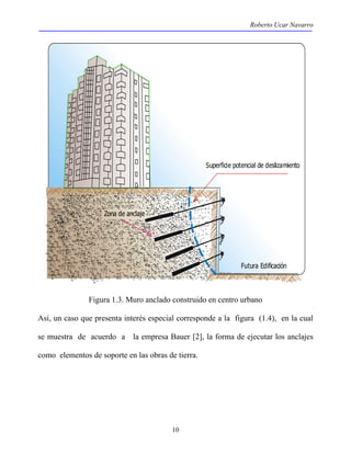 Roberto Ucar Navarro 
10 
Superficie potencial de deslizamiento 
Futura Edificación 
Zona de anclaje 
Figura 1.3. Muro anclado construido en centro urbano 
Así, un caso que presenta interés especial corresponde a la figura (1.4), en la cual 
se muestra de acuerdo a la empresa Bauer [2], la forma de ejecutar los anclajes 
como elementos de soporte en las obras de tierra. 
 