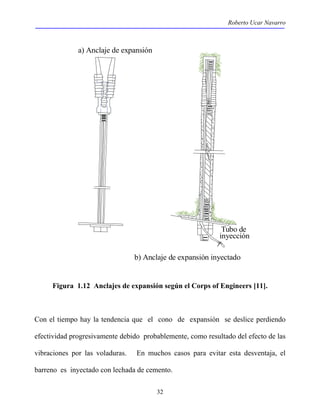 Roberto Ucar Navarro 
b) Anclaje de expansión inyectado 
32 
Tubo de 
inyección 
a) Anclaje de expansión 
Figura 1.12 Anclajes de expansión según el Corps of Engineers [11]. 
Con el tiempo hay la tendencia que el cono de expansión se deslice perdiendo 
efectividad progresivamente debido probablemente, como resultado del efecto de las 
vibraciones por las voladuras. En muchos casos para evitar esta desventaja, el 
barreno es inyectado con lechada de cemento. 
 