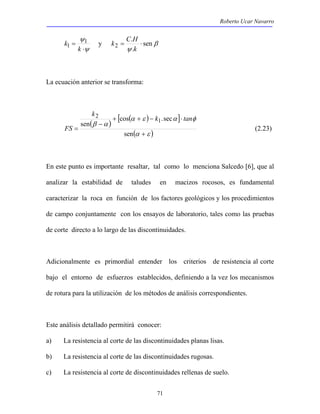 Roberto Ucar Navarro 
k C . 
H 
k 1 
1 y β 
2 + cos + − k .sec 
⋅ 
tan 
α ε α φ 
sen 1 
71 
ψ 
⋅ 
ψ 
= 
k 
2 = ⋅ 
k 
ψ 
sen 
. 
La ecuación anterior se transforma: 
( ) [ ( ) ] 
(α ε ) 
β α 
+ 
− 
= 
sen 
k 
FS (2.23) 
En este punto es importante resaltar, tal como lo menciona Salcedo [6], que al 
analizar la estabilidad de taludes en macizos rocosos, es fundamental 
caracterizar la roca en función de los factores geológicos y los procedimientos 
de campo conjuntamente con los ensayos de laboratorio, tales como las pruebas 
de corte directo a lo largo de las discontinuidades. 
Adicionalmente es primordial entender los criterios de resistencia al corte 
bajo el entorno de esfuerzos establecidos, definiendo a la vez los mecanismos 
de rotura para la utilización de los métodos de análisis correspondientes. 
Este análisis detallado permitirá conocer: 
a) La resistencia al corte de las discontinuidades planas lisas. 
b) La resistencia al corte de las discontinuidades rugosas. 
c) La resistencia al corte de discontinuidades rellenas de suelo. 
 