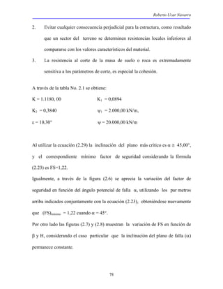 Roberto Ucar Navarro 
2. Evitar cualquier consecuencia perjudicial para la estructura, como resultado 
que un sector del terreno se determinen resistencias locales inferiores al 
compararse con los valores característicos del material. 
3. La resistencia al corte de la masa de suelo o roca es extremadamente 
sensitiva a los parámetros de corte, es especial la cohesión. 
A través de la tabla No. 2.1 se obtiene: 
K = 1.1180, 00 K1 = 0,0894 
K2 = 0,3840 ψ1 = 2.000,00 kN/m, 
ε = 10,30° ψ = 20.000,00 kN/m 
Al utilizar la ecuación (2.29) la inclinación del plano más crítico es α ≅ 45,00°, 
y el correspondiente mínimo factor de seguridad considerando la fórmula 
(2.23) es FS=1,22. 
Igualmente, a través de la figura (2.6) se aprecia la variación del factor de 
seguridad en función del ángulo potencial de falla α, utilizando los par metros 
arriba indicados conjuntamente con la ecuación (2.23), obteniéndose nuevamente 
que (FS)mínimo = 1,22 cuando α = 45°. 
Por otro lado las figuras (2.7) y (2.8) muestran la variación de FS en función de 
β y H, considerando el caso particular que la inclinación del plano de falla (α) 
permanece constante. 
78 
 