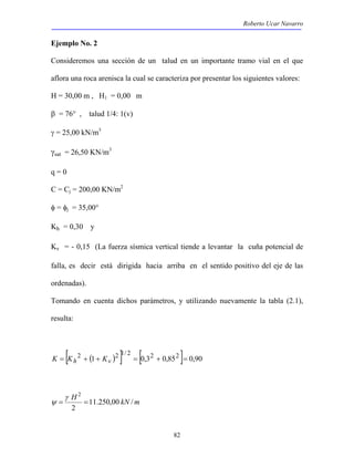 Roberto Ucar Navarro 
Ejemplo No. 2 
Consideremos una sección de un talud en un importante tramo vial en el que 
aflora una roca arenisca la cual se caracteriza por presentar los siguientes valores: 
H = 30,00 m , H1 = 0,00 m 
β = 76° , talud 1/4: 1(v) 
γ = 25,00 kN/m3 
γsat = 26,50 KN/m3 
q = 0 
C = Cj = 200,00 KN/m2 
φ = φj = 35,00° 
Kh = 0,30 y 
Kv = - 0,15 (La fuerza sísmica vertical tiende a levantar la cuña potencial de 
falla, es decir está dirigida hacia arriba en el sentido positivo del eje de las 
ordenadas). 
Tomando en cuenta dichos parámetros, y utilizando nuevamente la tabla (2.1), 
resulta: 
K = [Kh2 + (1 + Kv )2 ]1/ 2 = [0,32 + 0,852 ]= 0,90 
82 
11.250,00 / 
2 
2 
γ 
= H = kN m 
ψ 
 