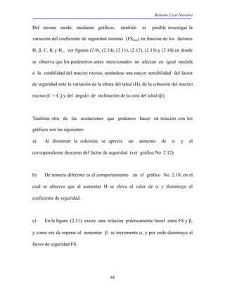 Roberto Ucar Navarro 
Del mismo modo, mediante gráficos, también es posible investigar la 
variación del coeficiente de seguridad mínimo (FSmin) en función de los factores 
H, β, C, K y H1, ver figuras (2.9), (2.10), (2.11), (2.12), (2.13) y (2.14) en donde 
se observa que los parámetros antes mencionados no afectan en igual medida 
a la estabilidad del macizo rocoso, notándose una mayor sensibilidad del factor 
de seguridad ante la variación de la altura del talud (H), de la cohesión del macizo 
rocoso (C = Cj) y del ángulo de inclinación de la cara del talud (β). 
También otra de las acotaciones que podemos hacer en relación con los 
gráficos son las siguientes: 
a) Al disminuir la cohesión, se aprecia un aumento de α y el 
correspondiente descenso del factor de seguridad (ver gráfico No. 2.12). 
b) De manera diferente es el comportamiento en el gráfico No. 2.10, en el 
cual se observa que al aumentar H se eleva el valor de α y disminuye el 
coeficiente de seguridad. 
c) En la figura (2.11) existe una relación prácticamente lineal entre FS y β, 
y como era de esperar al aumentar β se incrementa α, y por ende disminuye el 
factor de seguridad FS. 
84 
 