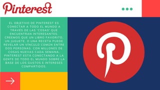 EL OBJETIVO DE PINTEREST ES
CONECTAR A TODO EL MUNDO A
TRAVÉS DE LAS 'COSAS' QUE
ENCUENTRAN INTERESANTES.
CREEMOS QUE UN LIBRO FAVORITO,
UN JUGUETE, O UNA RECETA PUEDE
REVELAR UN VÍNCULO COMÚN ENTRE
DOS PERSONAS. CON MILLONES DE
COSAS NUEVAS CADA SEMANA,
PINTEREST ESTÁ CONECTANDO A LA
GENTE DE TODO EL MUNDO SOBRE LA
BASE DE LOS GUSTOS E INTERESES
COMPARTIDOS.
 