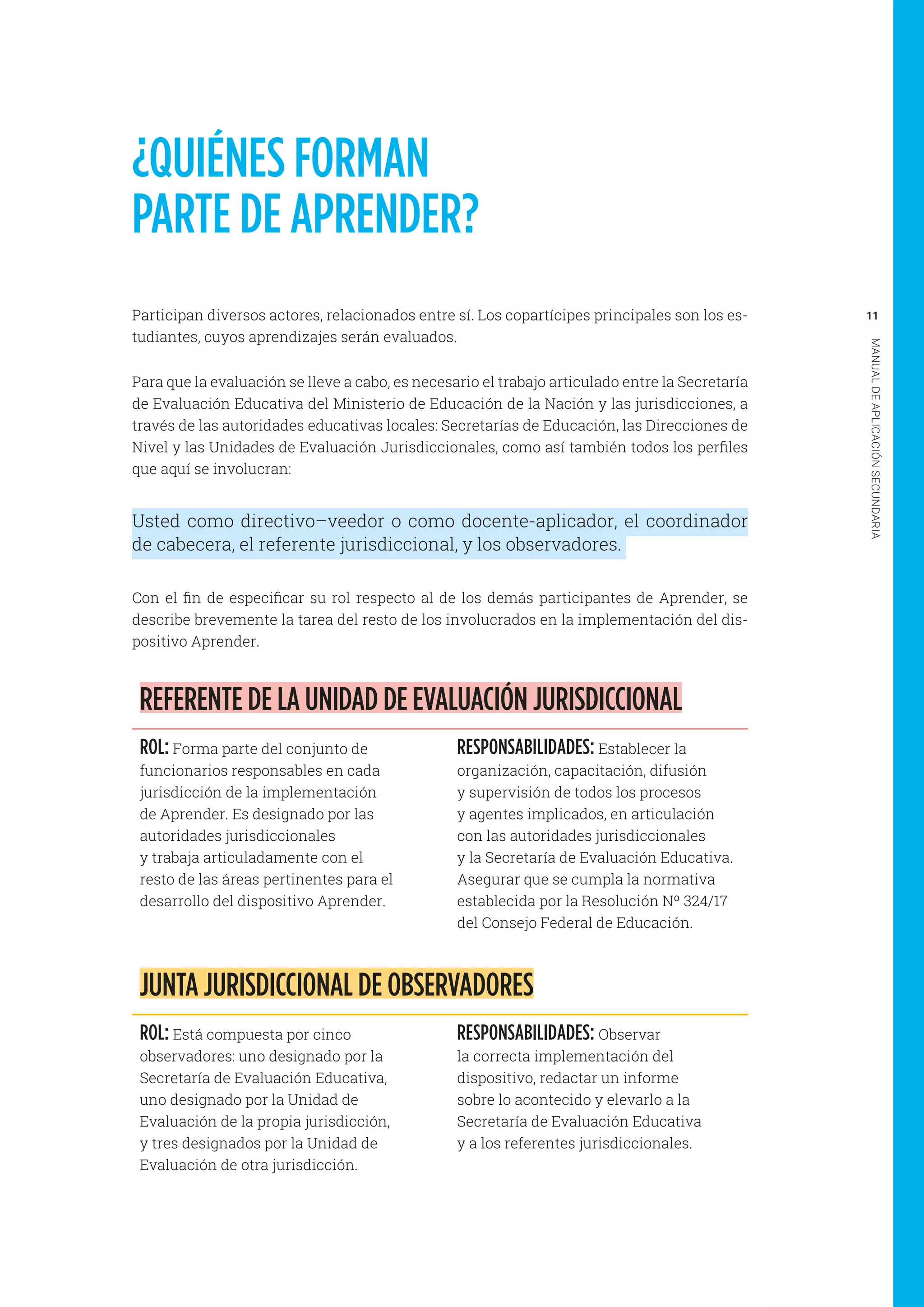 11
MANUALDEAPLICACIÓNSECUNDARIA
¿QUIÉNES FORMAN
PARTE DE APRENDER?
Participan diversos actores, relacionados entre sí. Los copartícipes principales son los es-
tudiantes, cuyos aprendizajes serán evaluados.
Para que la evaluación se lleve a cabo, es necesario el trabajo articulado entre la Secretaría
de Evaluación Educativa del Ministerio de Educación de la Nación y las jurisdicciones, a
través de las autoridades educativas locales: Secretarías de Educación, las Direcciones de
Nivel y las Unidades de Evaluación Jurisdiccionales, como así también todos los perfiles
que aquí se involucran:
Usted como directivo–veedor o como docente-aplicador, el coordinador
de cabecera, el referente jurisdiccional, y los observadores.
Con el fin de especificar su rol respecto al de los demás participantes de Aprender, se
describe brevemente la tarea del resto de los involucrados en la implementación del dis-
positivo Aprender.
REFERENTE DE LA UNIDAD DE EVALUACIÓN JURISDICCIONAL
ROL: Forma parte del conjunto de
funcionarios responsables en cada
jurisdicción de la implementación
de Aprender. Es designado por las
autoridades jurisdiccionales
y trabaja articuladamente con el
resto de las áreas pertinentes para el
desarrollo del dispositivo Aprender.
RESPONSABILIDADES: Establecer la
organización, capacitación, difusión
y supervisión de todos los procesos
y agentes implicados, en articulación
con las autoridades jurisdiccionales
y la Secretaría de Evaluación Educativa.
Asegurar que se cumpla la normativa
establecida por la Resolución Nº 324/17
del Consejo Federal de Educación.
JUNTA JURISDICCIONAL DE OBSERVADORES
ROL: Está compuesta por cinco
observadores: uno designado por la
Secretaría de Evaluación Educativa,
uno designado por la Unidad de
Evaluación de la propia jurisdicción,
y tres designados por la Unidad de
Evaluación de otra jurisdicción.
RESPONSABILIDADES: Observar
la correcta implementación del
dispositivo, redactar un informe
sobre lo acontecido y elevarlo a la
Secretaría de Evaluación Educativa
y a los referentes jurisdiccionales.
 