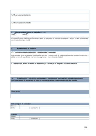 101
7.2 Recursos organizacionais
7.3 Recursos da comunidade
8 Adaptações ao processo de avaliação (Art.º 28.º)
SIM NÃO
(Em caso afirmativo explicitar, de forma clara, quais as adaptações ao processo de avaliação a aplicar, em que contextos, por
quem, quando e de que modo.)
9. Procedimentos de avaliação
9.1 Eficácia das medidas de suporte à aprendizagem e à inclusão
(Indicar de que forma vai a equipa multidisciplinar proceder à monitorização da implementação dessas medidas: instrumentos a
utilizar para medir essa eficácia, intervenientes no processo e momentos de avaliação.)
9.2 Se aplicável, definir os termos de monitorização e avaliação do Programa Educativo Individual
10. Procedimentos e estratégias adotadas para o envolvimento, participação e acompanhamento dos
pais/encarregado de educação e do aluno na tomada de decisão e na implementação das medidas
Observações
O Encarregado de Educação
ii
Nome:
Data: Assinatura:
O aluno
Nome:
Data: Assinatura:
 