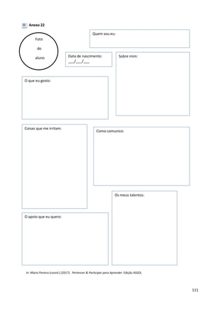 111
Anexo 22
Foto
do
aluno
In: Mário Pereira (coord.) (2017). Pertencer & Participar para Aprender. Edição ASSOL
Quem sou eu:
Data de nascimento:
___/___/___
Sobre mim:
O que eu gosto:
Coisas que me irritam:
Como comunico:
O apoio que eu quero:
Os meus talentos:
 