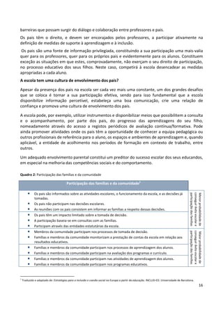 16
barreiras que possam surgir do diálogo e colaboração entre professores e pais.
Os pais têm o direito, e devem ser encorajados pelos professores, a participar ativamente na
definição de medidas de suporte à aprendizagem e à inclusão.
Os pais são uma fonte de informação privilegiada, constituindo a sua participação uma mais-valia
quer para os professores, quer para os próprios pais e evidentemente para os alunos. Constituem
exceção as situações em que estes, comprovadamente, não exerçam o seu direito de participação,
no processo educativo dos seus filhos. Neste caso, competirá à escola desencadear as medidas
apropriadas a cada aluno.
A escola tem uma cultura de envolvimento dos pais?
Apesar da presença dos pais na escola ser cada vez mais uma constante, um dos grandes desafios
que se coloca é tornar a sua participação efetiva, sendo para isso fundamental que a escola
disponibilize informação percetível, estabeleça uma boa comunicação, crie uma relação de
confiança e promova uma cultura de envolvimento dos pais.
A escola pode, por exemplo, utilizar instrumentos e disponibilizar meios que possibilitem a consulta
e o acompanhamento, por parte dos pais, do progresso das aprendizagens do seu filho,
nomeadamente através do acesso a registos periódicos de avaliação contínua/formativa. Pode
ainda promover atividades onde os pais têm a oportunidade de conhecer a equipa pedagógica ou
outros profissionais de referência para o aluno, os espaços e ambientes de aprendizagem e, quando
aplicável, a entidade de acolhimento nos períodos de formação em contexto de trabalho, entre
outros.
Um adequado envolvimento parental constitui um preditor do sucesso escolar dos seus educandos,
em especial na melhoria das competências sociais e do comportamento.
Quadro 2: Participação das famílias e da comunidade
2
Traduzido e adaptado de: Estratégias para a inclusão e coesão social na Europa a partir da educação. INCLUD-ED. Universidade de Barcelona.
Participação das famílias e da comunidade2
• Os pais são informados sobre as atividades escolares, o funcionamento da escola, e as decisões já
tomadas.
• Os pais não participam nas decisões escolares.
• As reuniões com os pais consistem em informar as famílias a respeito dessas decisões.
Menor
probabilidade
de
conseguir
êxito
escolar
e
participação
das
famílias
• Os pais têm um impacto limitado sobre a tomada de decisão.
• A participação baseia-se em consultas com as famílias.
• Participam através das entidades estatutárias da escola.
• Membros da comunidade participam nos processos de tomada de decisão.
• Famílias e membros da comunidade monitorizam a prestação de contas da escola em relação aos
resultados educativos.
Maior
probabilidade
de
conseguir
êxito
escolar
e
participação
das
famílias
• Famílias e membros da comunidade participam nos processos de aprendizagem dos alunos.
• Famílias e membros da comunidade participam na avaliação dos programas e currículo.
• Famílias e membros da comunidade participam nas atividades de aprendizagem dos alunos.
• Famílias e membros da comunidade participam nos programas educativos.
 