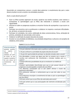17
Assumindo um compromisso comum, a escola deve potenciar o envolvimento dos pais e estes
devem envolver-se com a escola e nas atividades escolares.
Assim, os pais devem procurar3
:
• Ouvir os filhos quando regressam da escola; ajudá-los nas tarefas escolares; estar atentos e
acompanhar as aprendizagens que os filhos vão realizando e contactar a escola com
regularidade.
• Informar-se sobre os progressos escolares e encontrar formas de acompanhar o que ocorre na
escola.
• Participar nos encontros com os professores e colaborar na resposta a eventuais dificuldades.
Ser, de facto, um parceiro da escola.
• Participar em atividades, tais como, celebração de datas comemorativas, feiras, atribuição de
prémios, atividades de voluntariado, entre outras.
• Colaborar na definição do projeto educativo da escola.
• Envolver-se nas atividades da biblioteca, nas atividades desportivas e culturais e em projetos de
cidadania, entre outras.
Quadro 3: Lista de verificação
Lista de verificação4
1.Os pais estão bem informados sobre as políticas e práticas da escola?
2. Os pais conhecem as prioridades do projeto educativo da escola?
3. Os pais têm oportunidade de participar nas decisões tomadas sobre a escola?
4.As dificuldades e receios que alguns pais têm no contacto com a escola e
reuniões com professores são reconhecidos e tomadas medidas para os
superar?
5.Existem diferentes possibilidades de pais se envolverem no trabalho da
escola?
6.Existem oportunidades diversificadas para que os pais possam discutir os
progressos e as preocupações a respeito dos seus filhos?
7.As diferentes contribuições que os pais podem oferecer à escola são
igualmente valorizadas?
8.Os professores valorizam o conhecimento que os pais têm sobre os seus
filhos?
9.Os professores encorajam o envolvimento de todos os pais na aprendizagem
dos seus filhos?
10.Os pais sentem que os seus filhos são valorizados pela escola?
11.Os pais sentem que as suas preocupações são realmente consideradas pela
escola?
…
3
Traduzido e adaptado de: http://www.fcpq.qc.ca/sites/24577/English/La%20participation%20des%20parents%20a%20lecole%20EN.pdf
4
Traduzido e adaptado de: Booth e Ainscow, 2002.
A lista de verificação
pretende constituir
um suporte à
reflexão e à
avaliação, por parte
da escola, no que
respeita à existência
de uma cultura de
envolvimento dos
pais.
 
